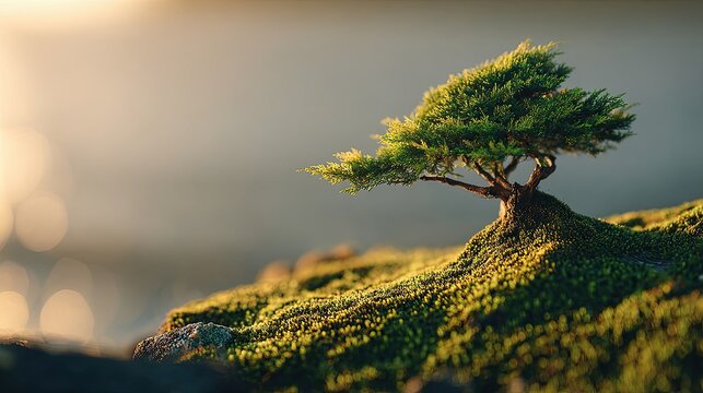 Small Ancient Lawson Cypress on Moss at Sunrise Web Banner Symbol of Hope