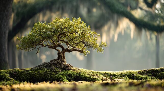 Small Ancient Live Oak on Moss at Sunrise Web Banner Symbol of Hope