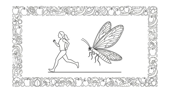 Woman running from giant moth, surreal concept, black and white illustration