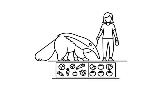Woman walking a giant anteater on a leash past a produce stand