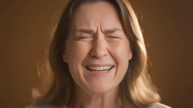 A middle-aged woman's face contorted in a grimace of intense pain or profound discomfort, eyes tightly shut against a warm brown background, conveying strong emotional distress