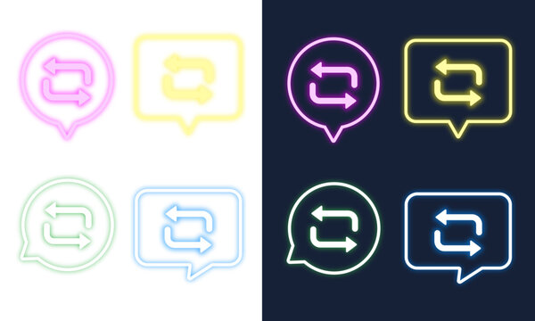 Neon retweet icon in speech bubble, social media glowing