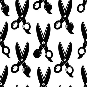Seamless pattern of black barber scissors silhouettes on white background