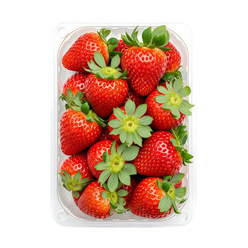 Fresh ripe strawberries stacked in a clear plastic clamshell container