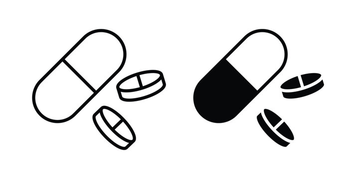 Medicine tablet icon outlined. Black clipart icons set