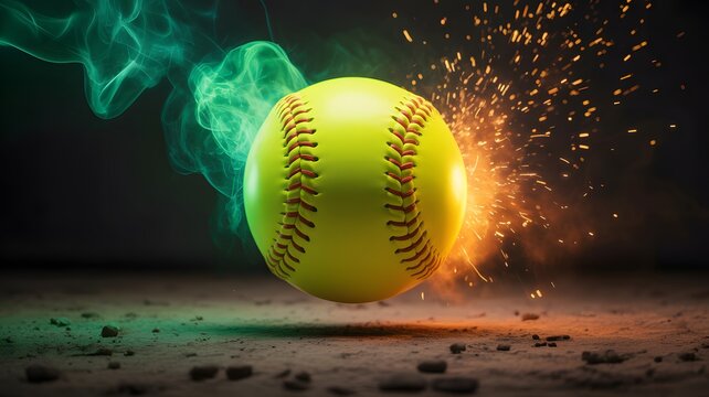 Neon yellow softball ball flying through green smoke and orange fire sparks on dark ground.