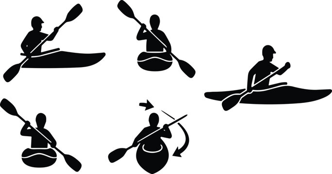 Kayaking silhouette icon collection vector illustration with canoe paddling sport symbols