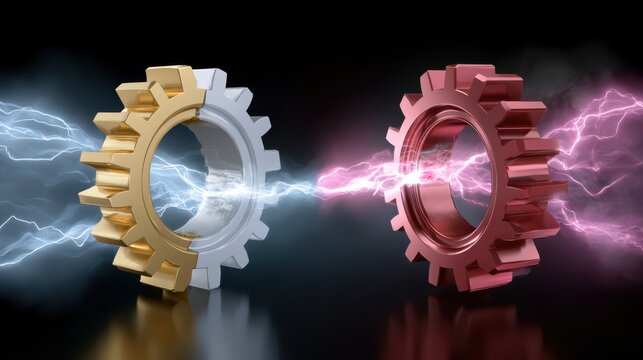 Two metallic gears, one gold and one red, facing each other with electric energy arcs connecting them against a dark background.