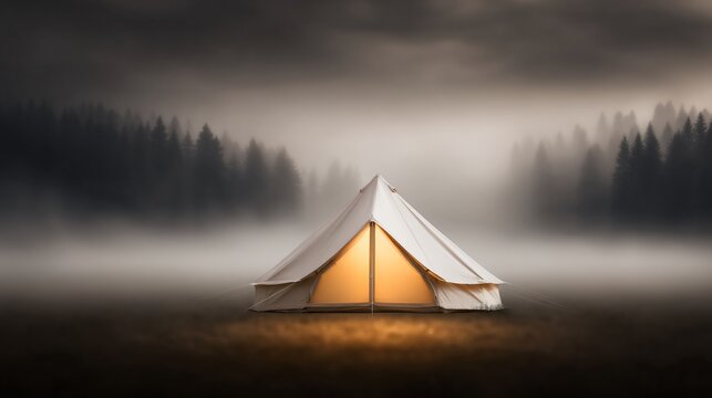 spring nature getaway, cozy luxury camping tent, misty morning forest, premium travel stock photo