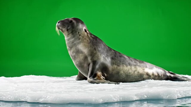 A grey seal with prominent whiskers sitting on a floating ice floe against a bright green screen background.