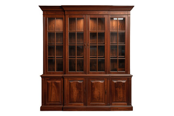 Obraz premium Dark wooden hutch with glass doors and drawers for storage, displaying elegant vintage furniture style with transparent background