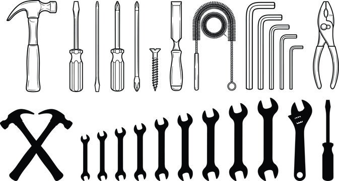 Hand Tools Collection with Hammer Screwdrivers Wrenches Pliers and Hex Keys Vector Illustration Set