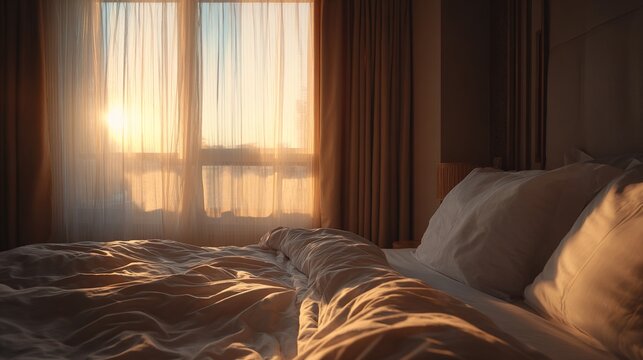 accommodation. Elegant hotel room at sunrise with unmade white bed and golden light through curtains. real-estate listings.