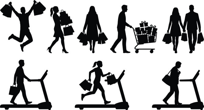 Shopping people silhouette collection with bags carts treadmill walking and retail consumer lifestyle poses isolated on white background