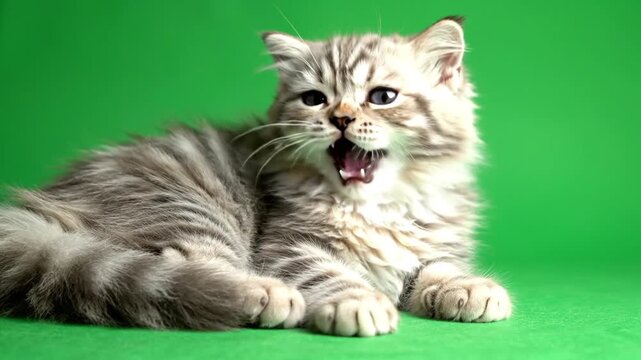 A fluffy tabby kitten with an open mouth, possibly meowing or yawning, lying comfortably on a vibrant green background.