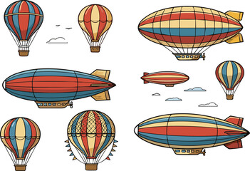 Vintage airship and hot air balloon collection vector illustration with colorful flying transport designs © Sumon Creative