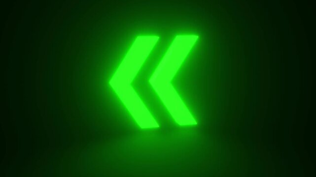 Green Rewinding Sign Glowing and Rotating on Black Background