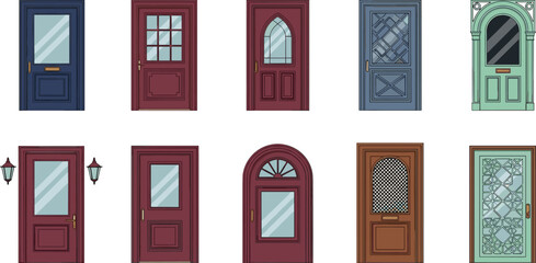 Obraz premium Vintage decorative entrance door collection with glass panels classic architecture and colorful vector illustration set