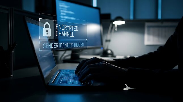 Person typing on laptop with encrypted channel and sender identity hidden in dark room