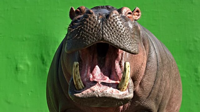 A close-up front view of a large hippopotamus with its mouth wide open, showing its impressive tusks and teeth against a vibrant green background.