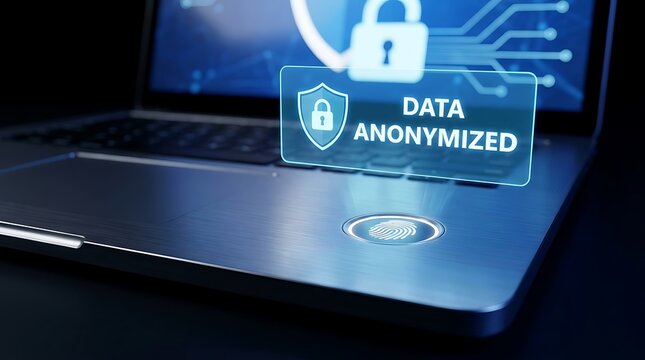 A laptop displays a data anonymized screen with a padlock icon.