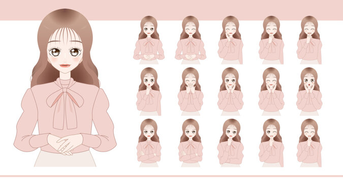 女性の表情・ポーズ15種セット：華やかで大人可愛いリボンブラウス姿 / Facial expressions and 15 poses set: Charming and elegant woman in ribbon blouse