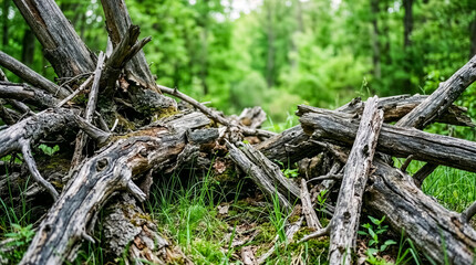 Fototapeta premium Close up of weathered tree trunks resting on a lush green forest floor.