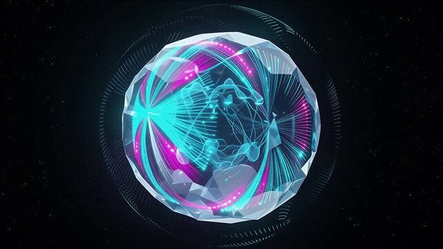Glowing spherical AI core floating in dark space, complex neural networks and data streams rotating inside transparent orb