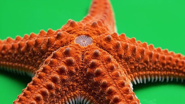 Close-up view of a vibrant orange starfish with textured skin against a bright green background, showcasing its unique marine life details.
