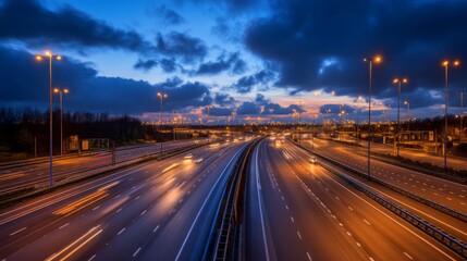 Obraz premium Busy highway at dusk with vibrant twilight sky, flowing traffic lights, and illuminated street lamps creating a dynamic urban landscape