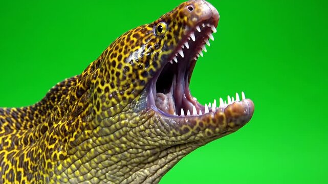 Close-up of a spotted moray eel with its mouth wide open, showing sharp teeth against a vibrant green background.