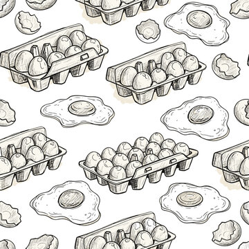 Seamless line art pattern of fresh eggs and fried egg breakfast