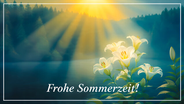 A respectful German Fronleichnam greeting card in a nature style, with delicate white lilies and soft light against the backdrop of a tranquil lake, and the elegant text "Frohe Sommerzeit!"