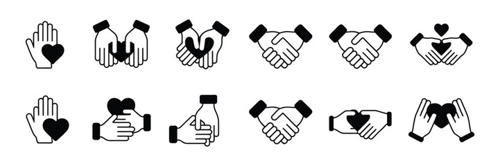 Obraz premium Charity Hands Icon Featuring Donation Support, Volunteer Aid, Friendship Symbol, Helping Gesture and Community Care Vector Illustration