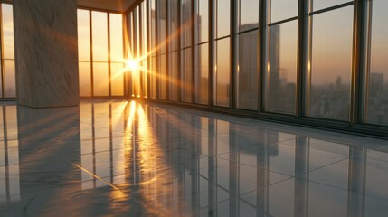 Fototapeta premium Modern office interior with sunset light streaming through windows overlooking city skyline for luxury real estate and corporate marketing