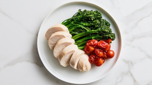 Chicken breast slices with broccolini and cherry tomatoes on a white marble surface for nutritional meal planning