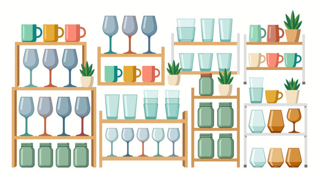 Various kitchen and glassware items neatly arranged on shelves, showcasing a clean and organized home interior