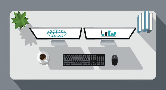 A computer workspace with two monitors and office supplies