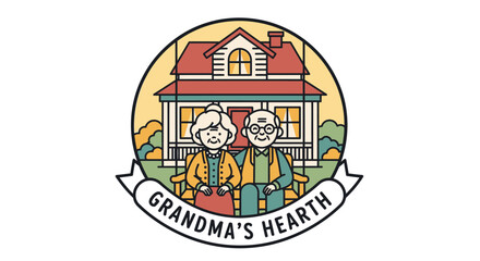 Obraz premium Grandma Hearth Logo with Elderly Couple Sitting on Porch Swing.