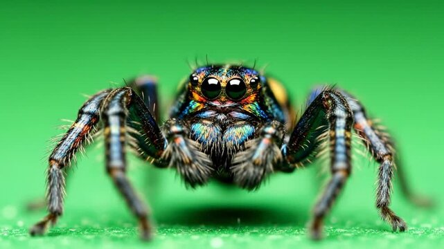 Macro shot of a colorful jumping spider with iridescent markings on a vibrant green background.