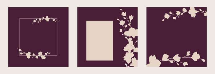 Floral botanical background with a set of minimalist frames and copy space. Vector elegant borders with flower silhouettes for greeting cards and wedding stationery © Svitlana