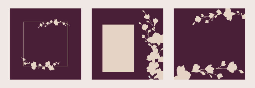 Floral botanical background with a set of minimalist frames and copy space. Vector elegant borders with flower silhouettes for greeting cards and wedding stationery