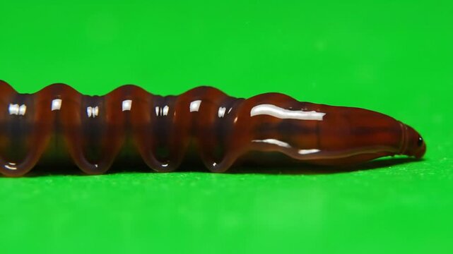A close-up shot of a segmented brown earthworm against a vibrant green background, highlighting its textured body.