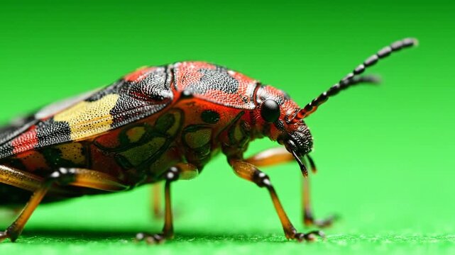 A detailed macro shot of a vibrant red, black, and yellow patterned insect with long antennae on a green background.