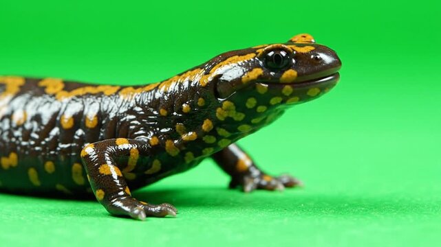 A close-up shot of a spotted salamander with yellow markings on a vibrant green background.