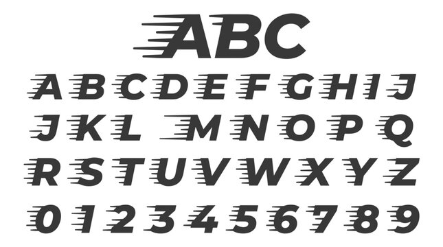 A full set of capital letters and numbers in a bold, italicized font with speed lines, representing motion and dynamism.
