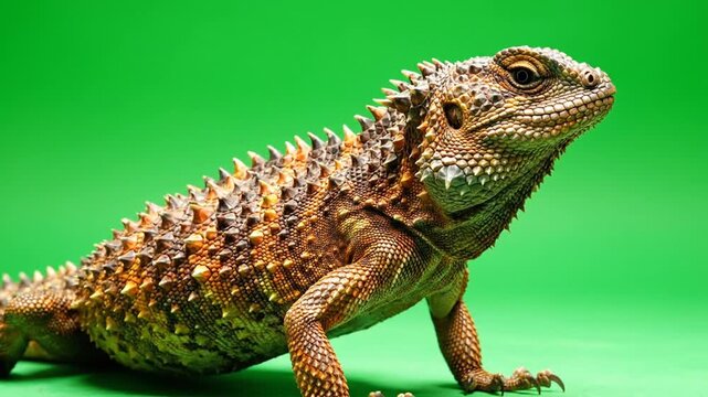 A close-up shot of a spiky brown lizard with intricate scales and a textured body, standing against a bright green background.