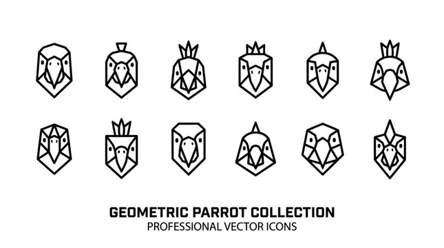 A collection of geometric parrot head icons in a clean, modern line art style.