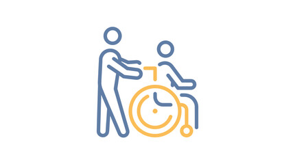 Fototapeta premium Icon illustrating a caregiver pushing a person in a wheelchair, symbolizing help and support for mobility challenges.