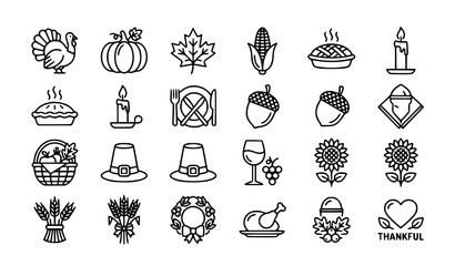Thanksgiving day outline icon set turkey harvest autumn holiday vector isolated on white background © MdRakib